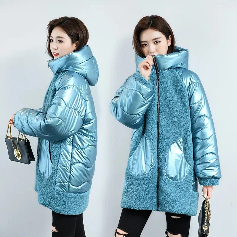 Nice Winter Fashion Shiny Stitching Down Cotton Parker Women Hooded Warm Jacket Female Faux Fur Lambs Wool Sheep Shearing Coat