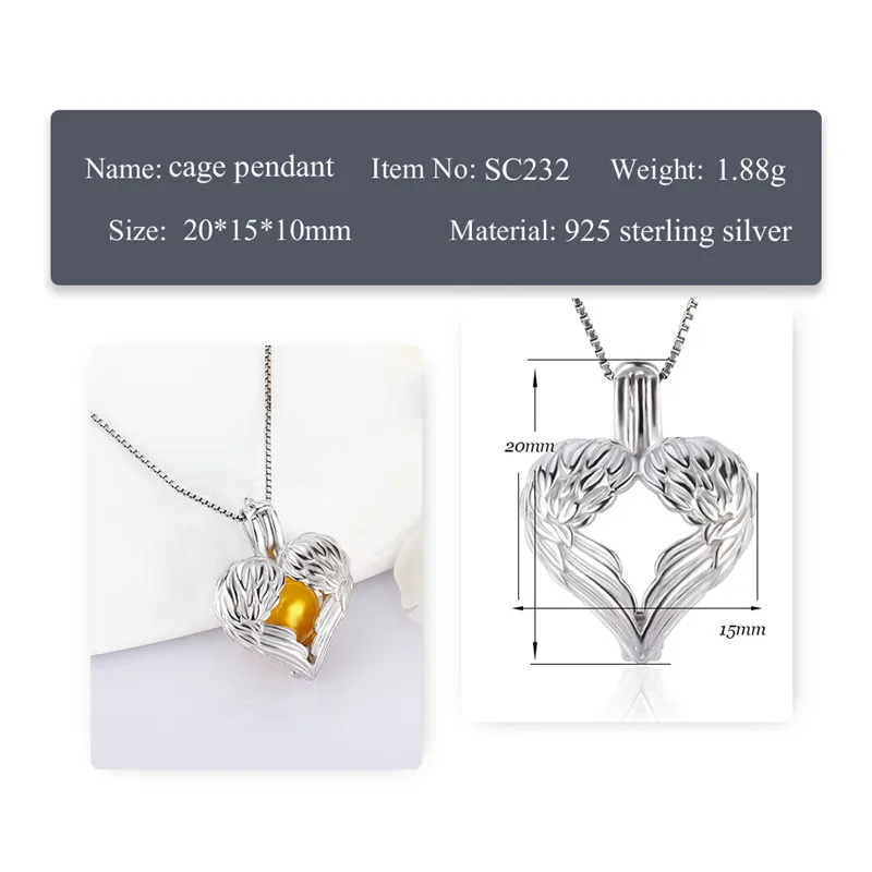 CLUCI 3pcs Silver 925 Angel Wings Heart Shaped Charm Pendant Women Jewelry 925 Sterling Silver Love Pearl Pendant Locket SC232SB