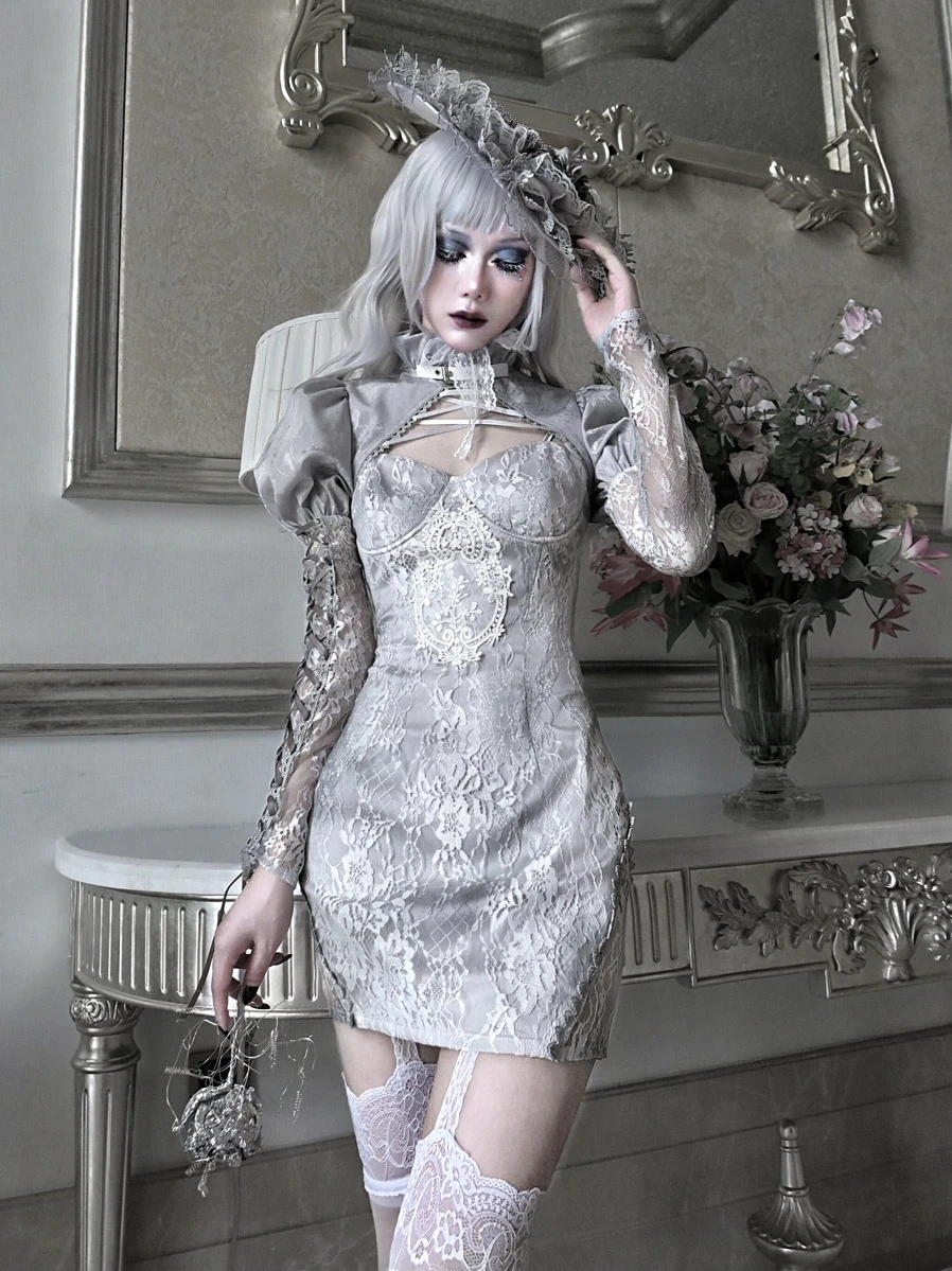 Original Design White Gothic Lace Floral Patch Slip Dress Hollow Out Sexy Mini Sheath Grunge Spaghetti Dress