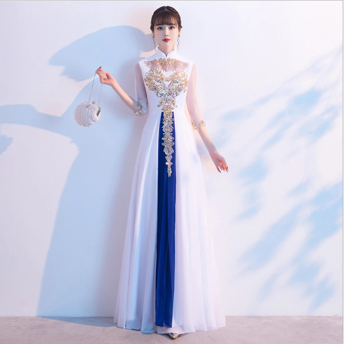 Chorus Clothing Female Retro Chinese Style 2021 New Temperament Slim Sequin Stand-Up Collar V-Neck  Elegant Multi Female Robes