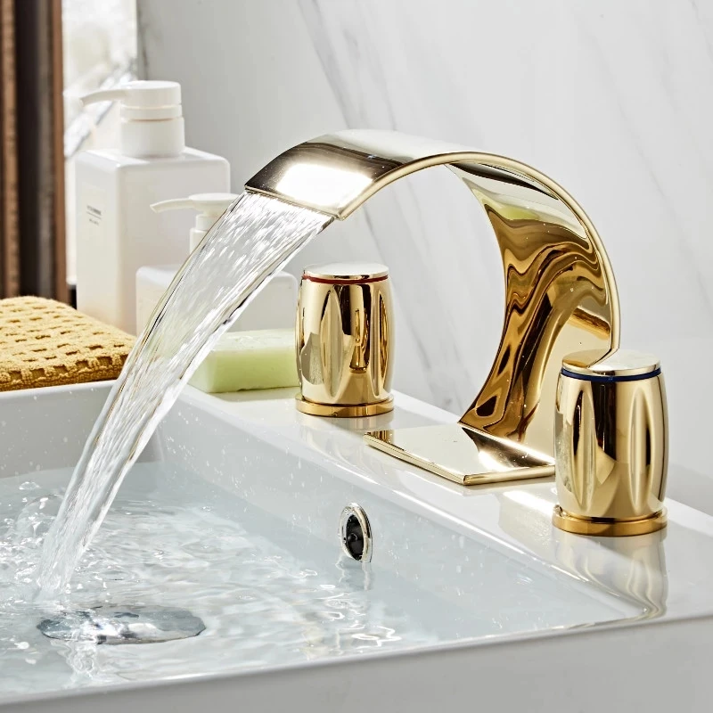 3 Hole Waterfall Basin Faucet Brass Gold Plated Deck Mounted Bathroom Sink Faucet Double Handle 3 Hole Hot Cold Mixer Tap Faucet