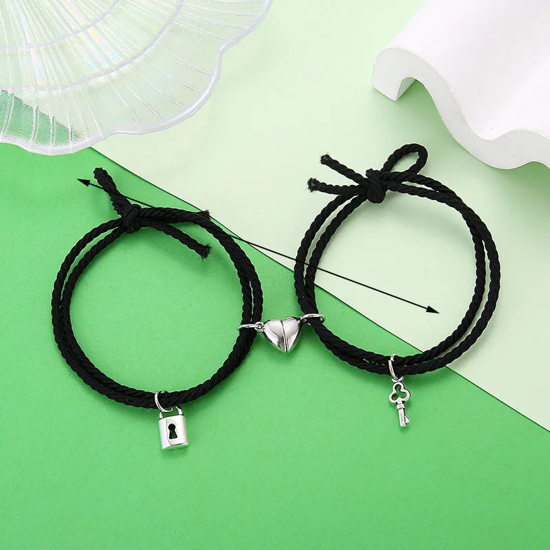Magnetic Bracelet Stainless Steel Love Heart Pendant Charm Couple Bracelets for Lover Friend Braid Rope Bracelets Magnet Jewelry