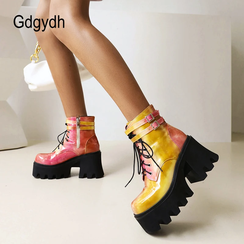 Gdgydh Fashion Colorful Ladies Motorcycle Women Ankle Boots Platform Chunky Heels Cool Street Footwear Gothibabe Halloween 90s