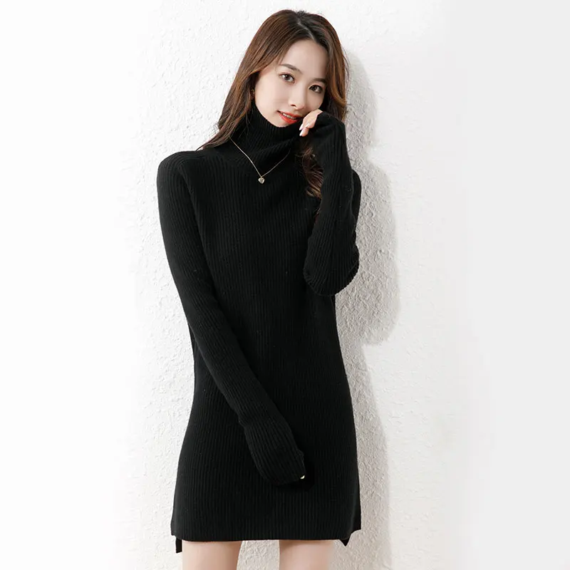 Women's 100% Wool Dress Autumn & Winter Cashmere Long Sweaters Ladies Turtleneck Knit Dress Pullovers Pure Wool Knit Clothes