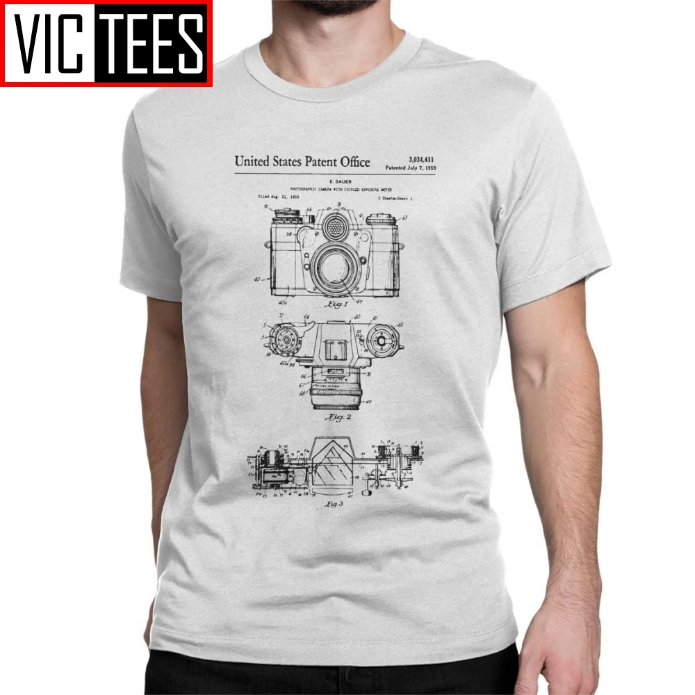 Men Camera Patent Photographer Old Camera T-Shirt Funny Crew Neck Short Sleeve Clothes Pure Cotton Tees Adult Men T Shirts