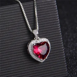 Bright Crystal Red Heart Pendant Necklace For Lady Engagement Accessories Trendy 925 Silver Necklace Choker Women Jewelry Gift