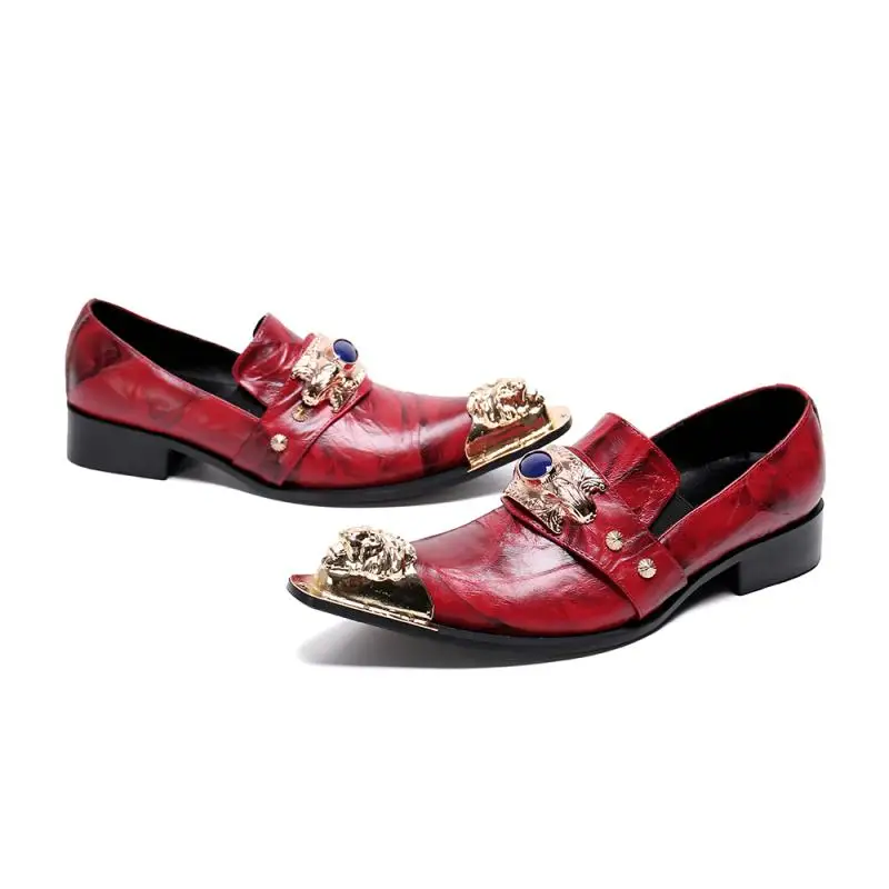 Luxury Metal Pointed Toe Red Wedding Shoes Men Leisure Party Dress Shoes Genuine Leather Slip On Mens Career Work Shoes Size 46