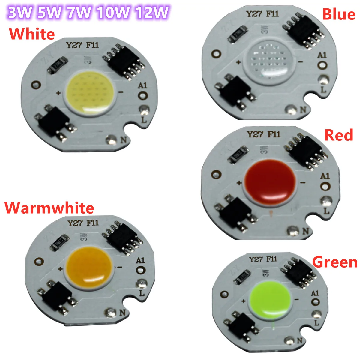 

1-10pcs 3W 5W 7W 10W 12W LED COB Chip AC110V/ 220V Smart IC Driver Lamp bulb RED Green Blue Light Source For DIY Light Spotlight