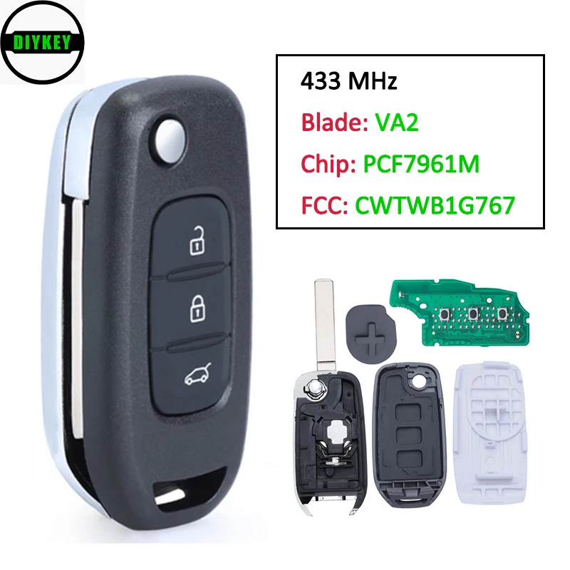 

DIYKEY CWTWB1G767 Replacement Remote Flip Key 433MHZ PCF7961M Chip Uncut VA2 for Renault Captur/Megane 3 Symbol Kadjar Kaptur