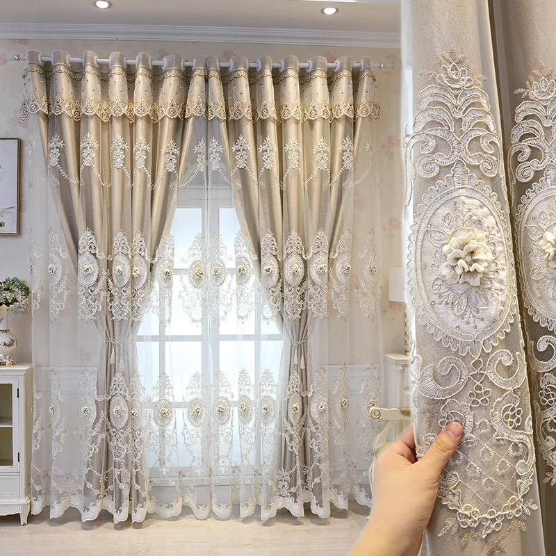 

Luxury Double Layer Embroidery Curtains Elegant European Palace Style Floral Cortinas Window Drapes for Living Room Bedroom