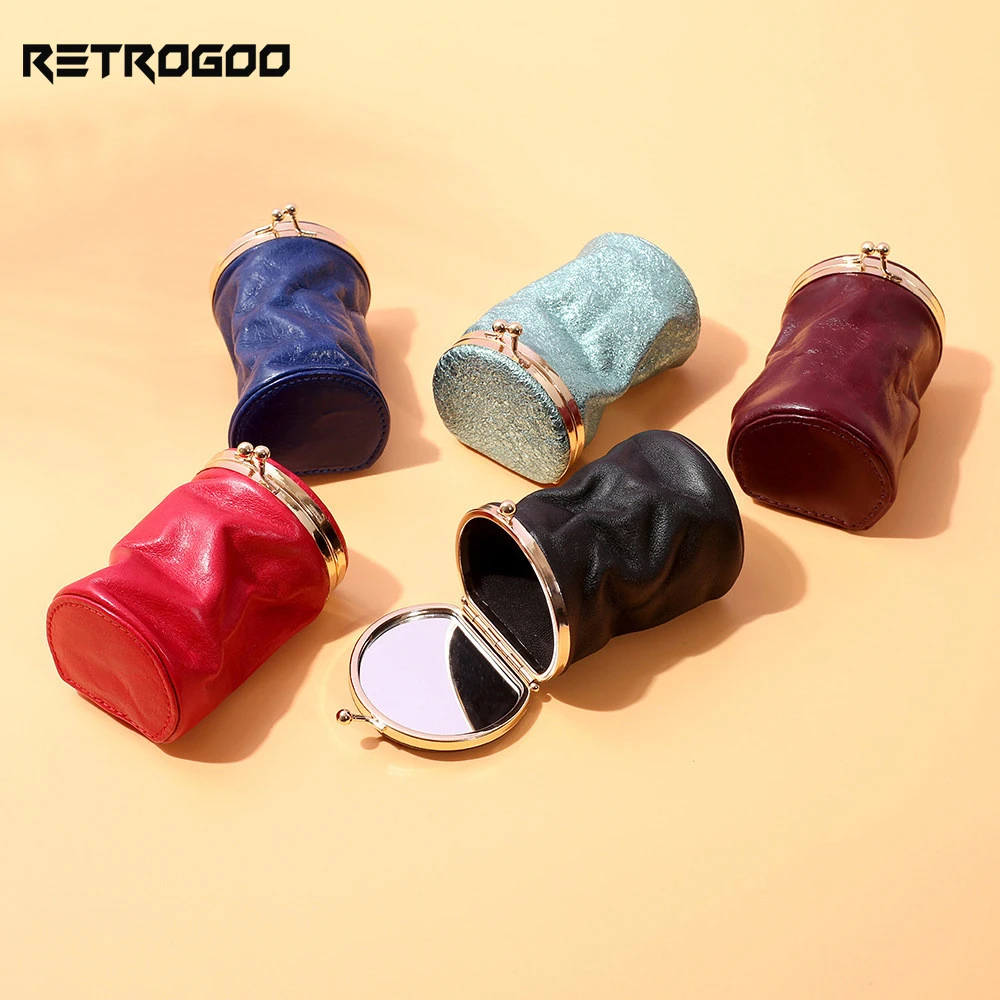 

RETROGOO Mini Women Lipstick Bag With Makeup Mirror Genuine Leather Ladies Cosmetic Case Small Coin Purse Cosmetic Storage Bags