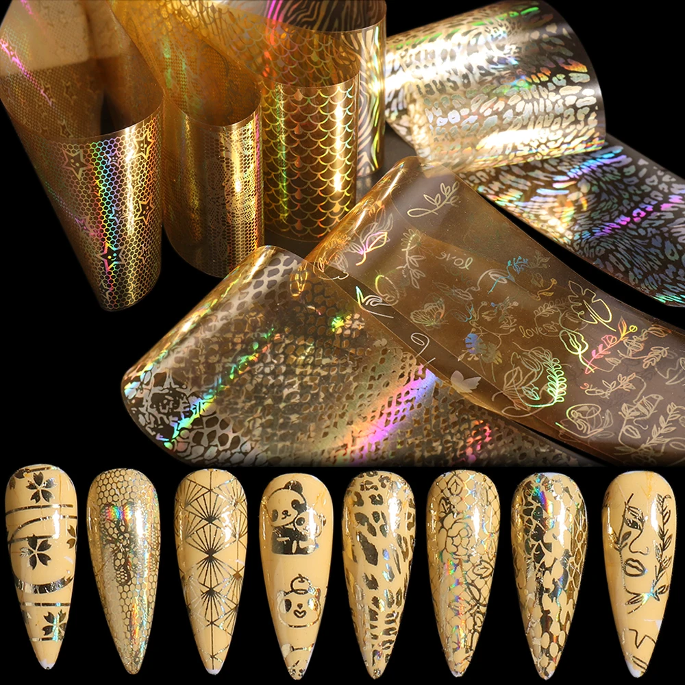 Holographic Nail Foil Tiger Print Snake Skin Transfer Foil Gold Nail Sticker Smile Cartoon Slider Lace Design Manicure GL16JS20