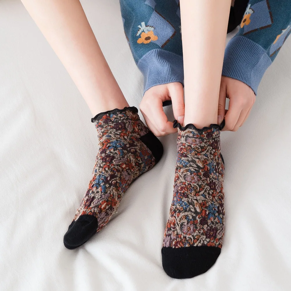 Ruffle Socks Korean Fashion Floral Embroidery Cute Short Socks Women Summer Cotton Breathable Harajuku Retro Woman Ankle Socks