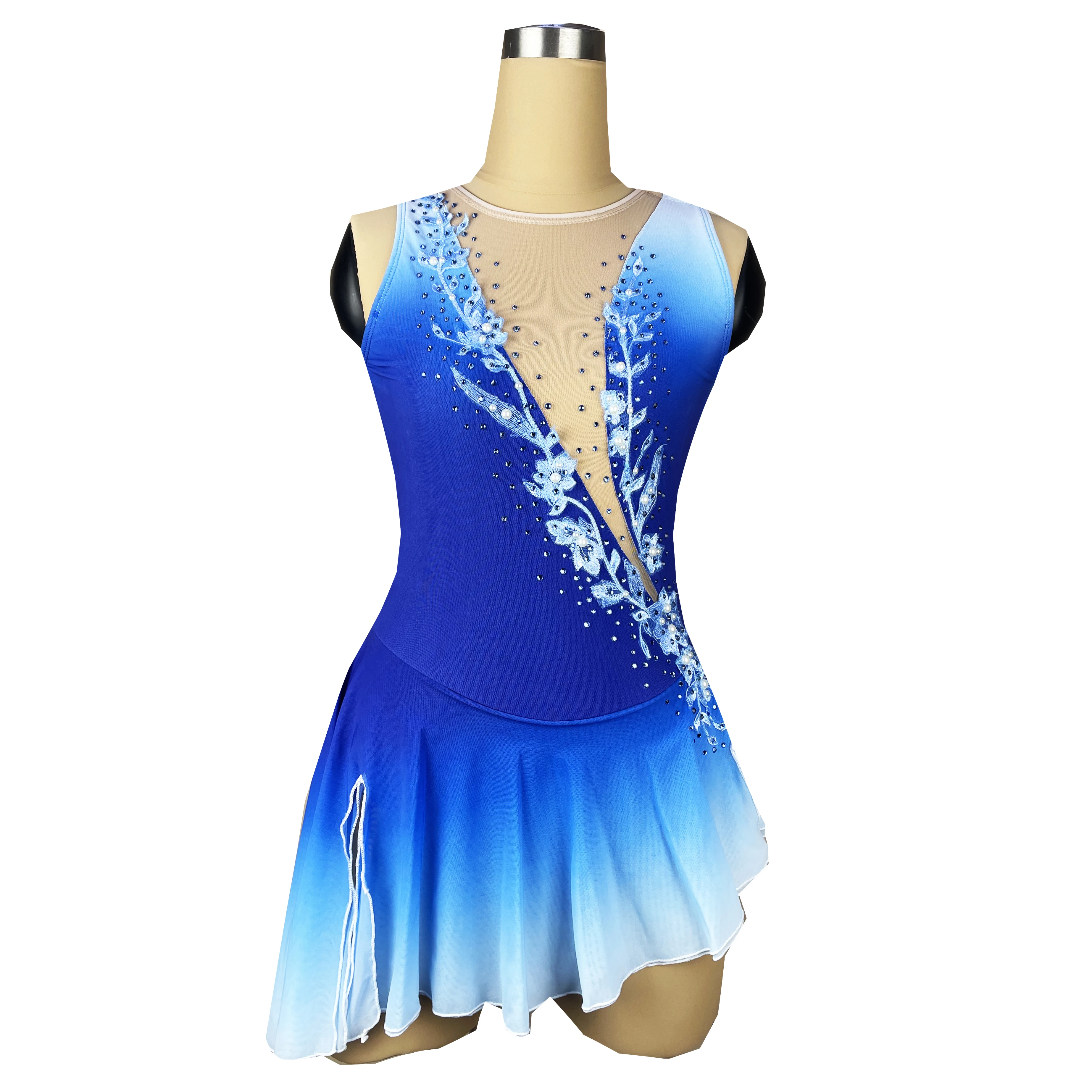 Blue Figure Skating Dress  Sleeved Ice Skating Skirt Spandex