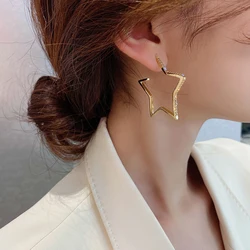 Fashion Korean Gold Color Metal Hoop Earrings for Women Big Star Design Rhinestone Statement Earrings Brincos Geometric Jewelry