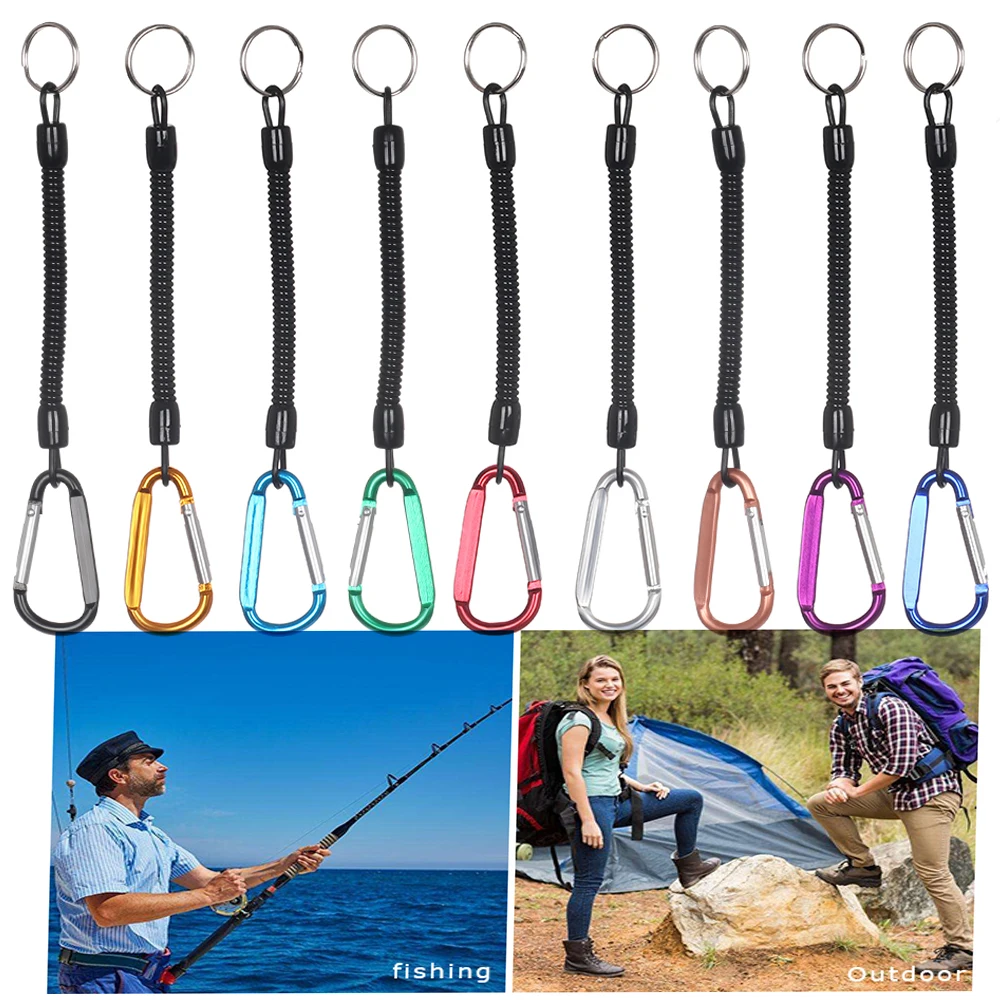 Camping Carabiner Keychain Plastic Retractable Tether Spring Elastic Rope Outdoor Portable Fishing Lanyards Security Gear Tool