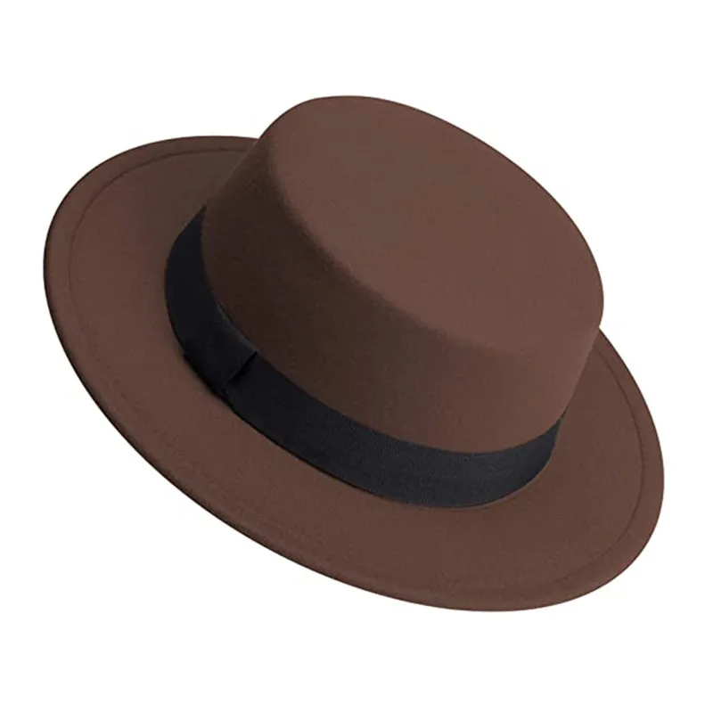 Mannen Vrouwen Witte Fedora Hoed Platte Top Hoed Vilt Varkensvlees Taart Hoed Brede Rand Kerk Derby Cap Winter wol Jazz Panama hoed groothandel