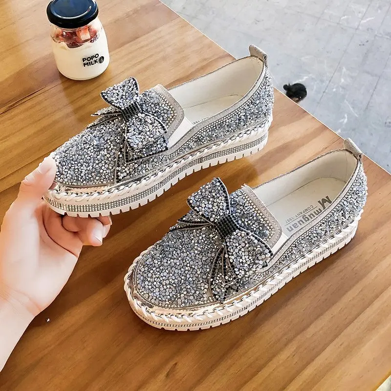 Pink Women Shining Rhinestone Loafers Bowknot Slip-on Thick Botton Casual Ladies Crystal Shoes Female Platform Shoes