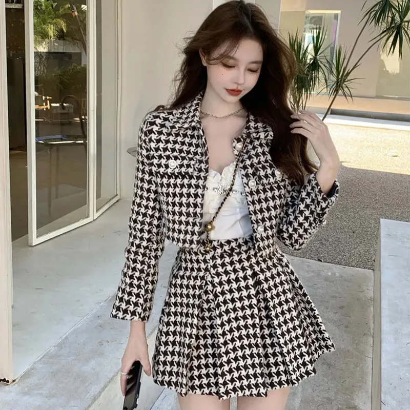 Small Fragrance Style Elegant Tweed 2 Piece Set Women Vintage Houndstooth Cropped Jacket + Pleated Mini Skirt Suits Sexy Outfits