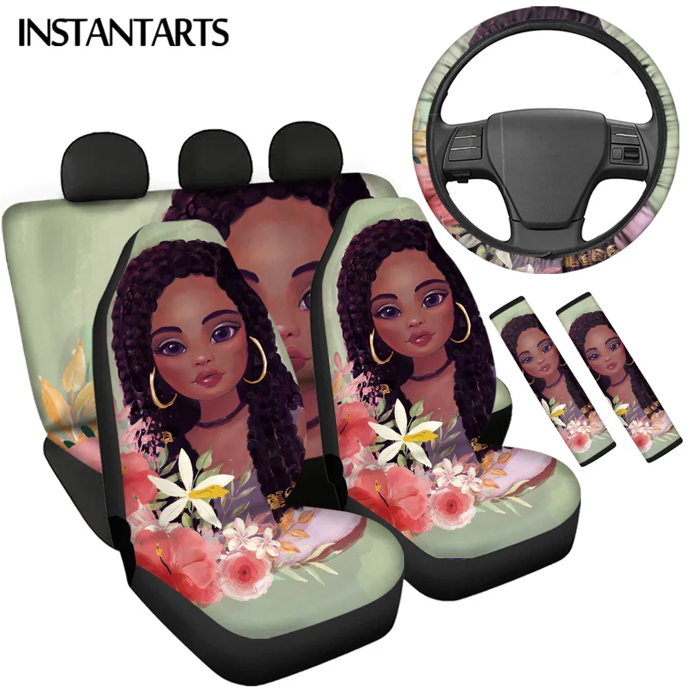 INSTANTARTS African Black Grisl Print Front&Back Car Seat Cushion Cute Cartoon Design Steering Wheel Protector Seat Belt Cover