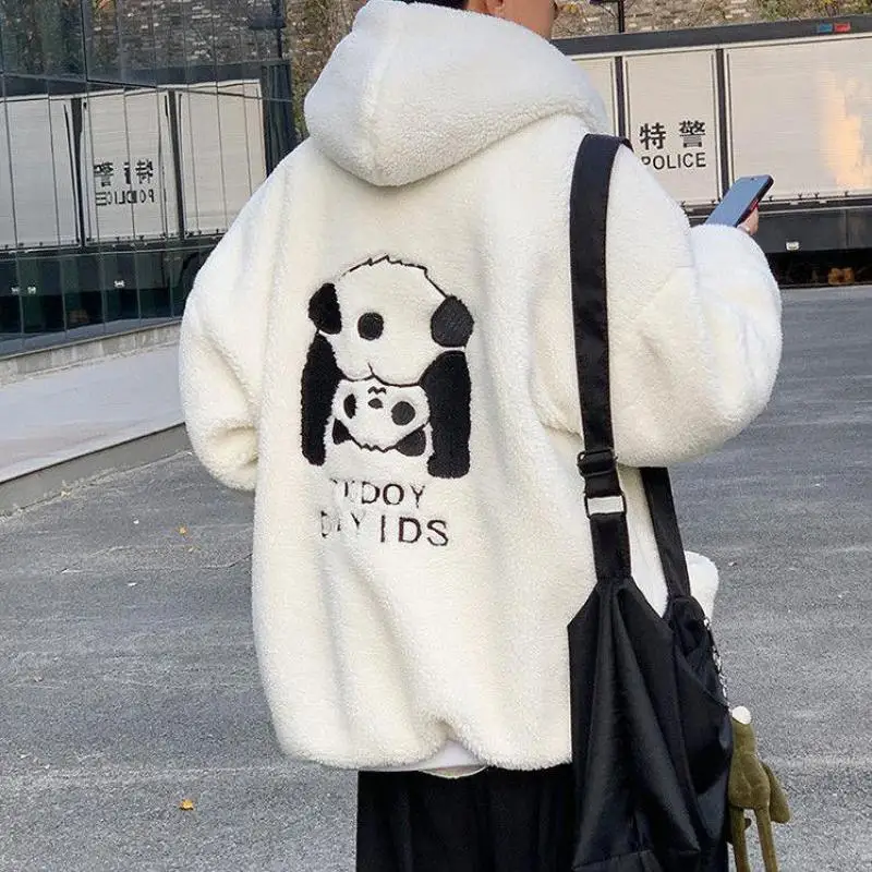 Winter Jacket Women Sweatshirt Loose Hoodies Lamb Woolen Thick Cute Panda Embroidery Tkdoy Dayds Letter Harajuku Zip Up Jumper