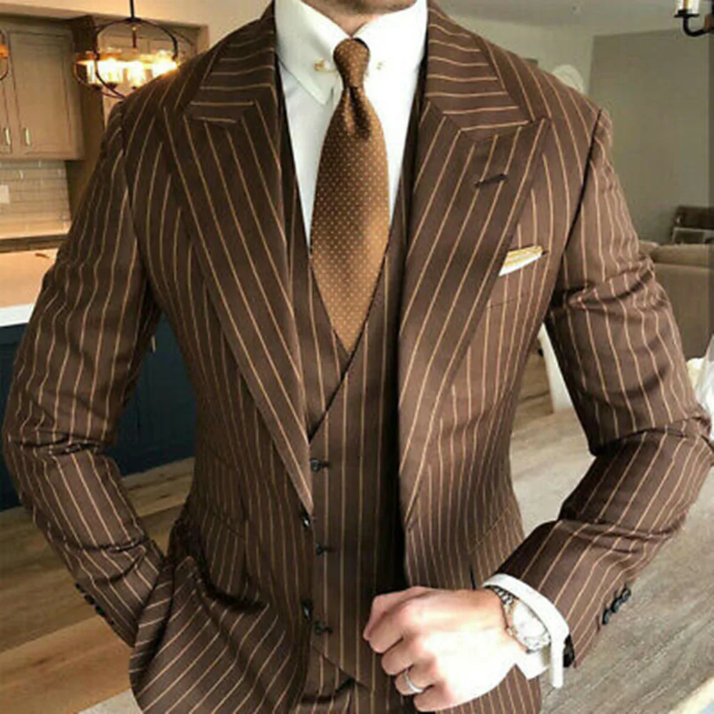 Classic Wedding Tuxedos Suits Slim Fit Wear Voor Mannen Bruin Krijtstreep Mannen Pak Bruiloft Tuxedo Bruidegom Party Wear blazer 3 Pcs