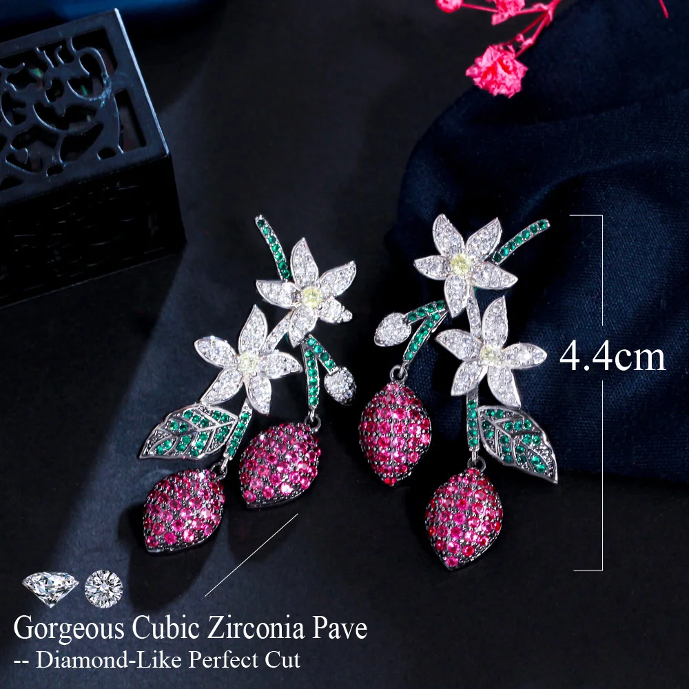 CWWZircons Elegant Designer Flower Leaf Water Drop Green Red Cubic Zirconia Crystal Long Dangle Party Earrings for Women CZ983