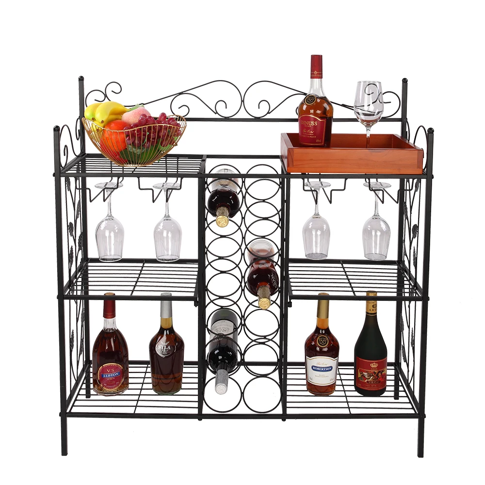 Black Metal Six (6) Shelf Kitchen Bakers Rack Console Table with 12 Bottles Wine Storage and 12 Glass Holder Wine Rack