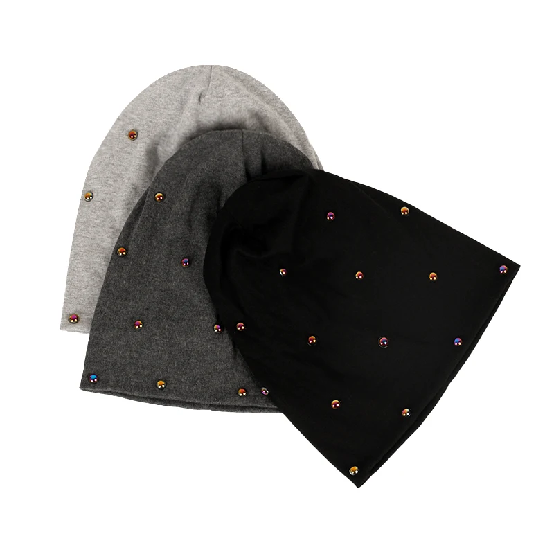 Women Casual Multicolor Pearls Skullies Beanies Hat Soft Knitted Bonnets Ladies Spring Autumn Slouchy Stretch Cap