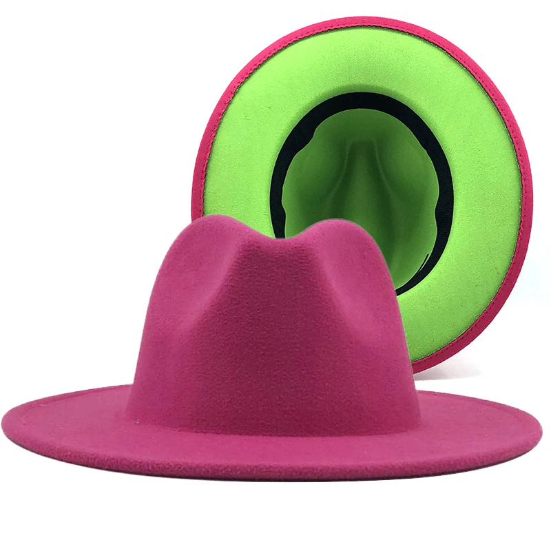 

New Unisex Outer rose Inner green Wool Felt Jazz Fedora Hats with Thin Belt Buckle Men Women 7.5CM Wide Brim Panama Trilby Cap