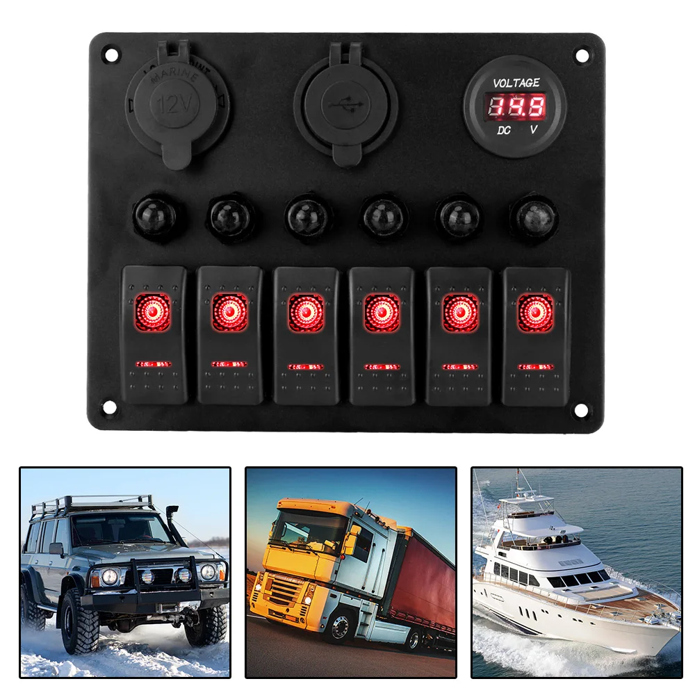 12V 24V 6 Buttons Car Switch Panel 15A Fuse Marine Circuit Breaker Voltmeter Tester Light Toggle USB Chargers 3.0 Auto Splitter