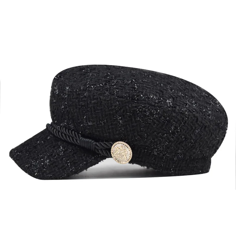 Utumn Winter Chain Black Wool Military Berets for Women Female Flat Army Cap Salior Hat Girl Travel Berets Ladies Painters Cap