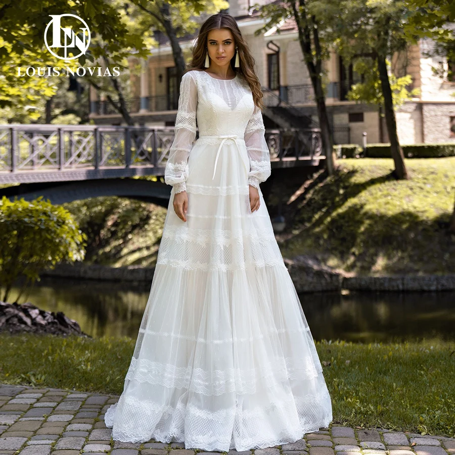 LOUIS NOVIAS Boho Wedding Dress 2022 Romantic Lace Bridal Gown Scoop Long Sleeve Flowy Bride Dresses Vestido De Novia