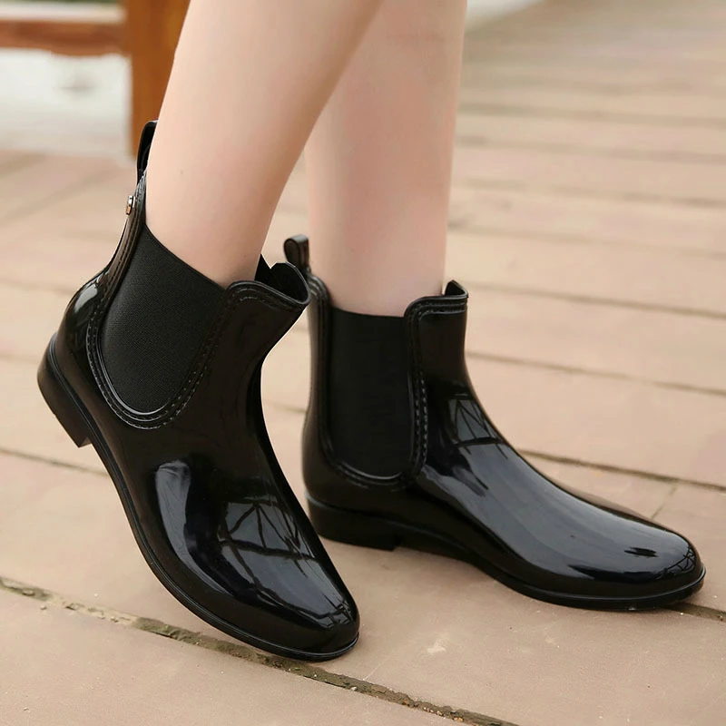 Womens Rainboots Waterproof Single Shoes Woman Mud Water Shoes Rubber Slip on PVC Elastic Ankle Boots Fashion Rain Boots