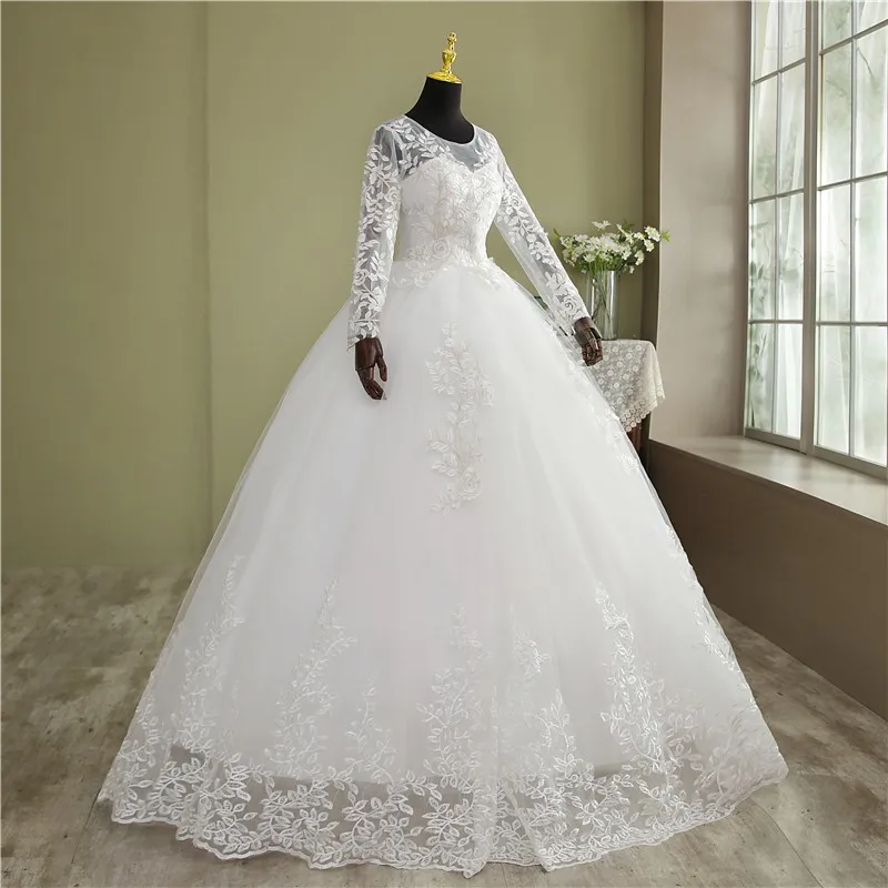 VLNUO NISA Real Video nuovo coreano Plus Size abito da sposa manica lunga Appliques di pizzo lungo abito Noiva o-collo cina all'ingrosso a buon mercato