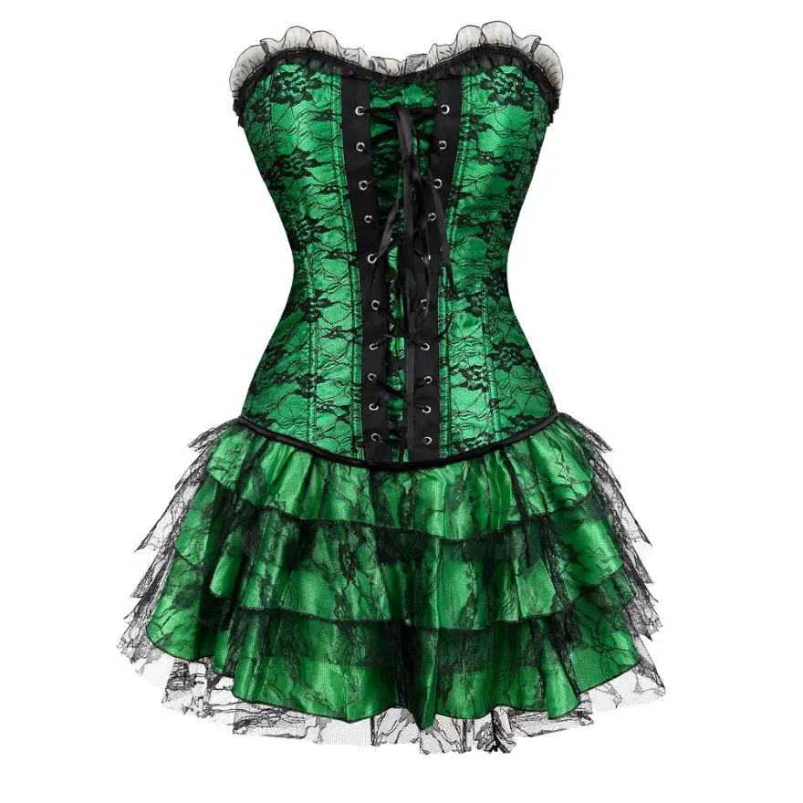 Victorian Corset Dress Vintage Lace Up Sexy Brocade Overbust Corset Bustier Top Mini Tutu Skirt Party Fashion Elegant Costume