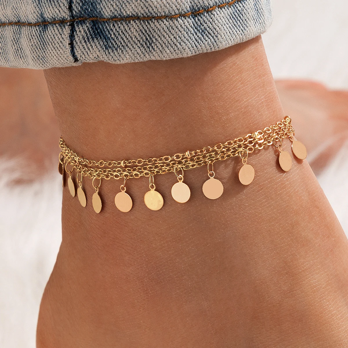 Tocona Charms Gold Color Wafer Tassel Anklets for Women Luxury Wave Leaf Alloy Metal Adjustable Summer Jewelry Accessories 17380