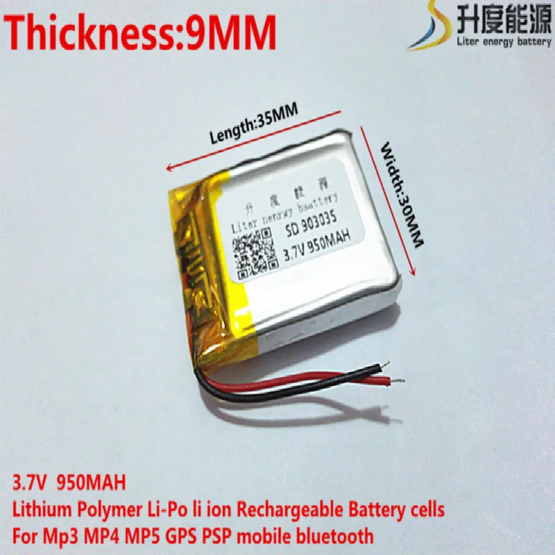 3.7V 950mAh 903035 Lithium Polymer Li-Po li ion Rechargeable Battery cells For Mp3 MP4 MP5 GPS  mobile bluetooth