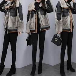 2024 New Leather Winter Jacket Women's Fashion Jacket Fur Stitching Jacket Luxury Warm Jacket Street Motorcycle