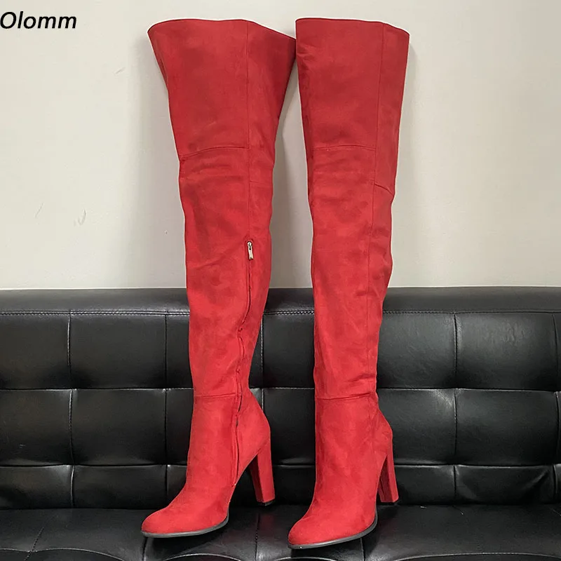 

Olomm 2021 Women Thigh High Boots Comfort Square High Heels Round Toe Red Pink Fuchsia Cosplay Shoes Ladies Plus US Size 5-20