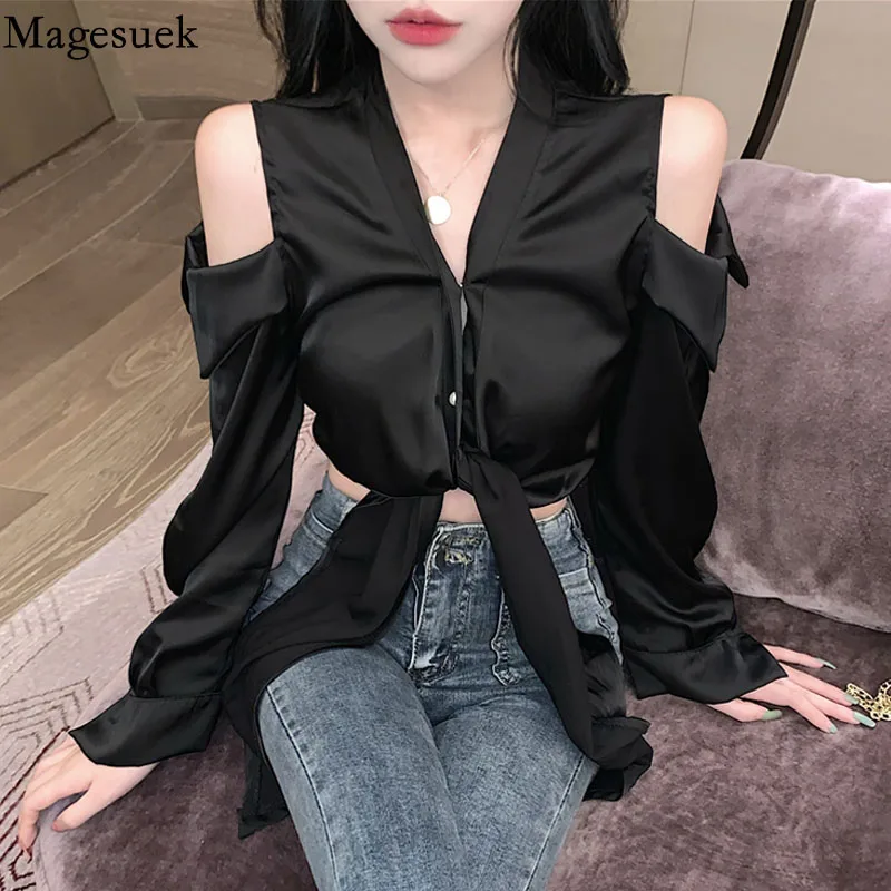 

Fashion V Neck Strappy Black Women Blouse Sexy Off-shoulder Chiffon Shirts Long Sleeve Chic Slim Bandage Short Tops Blusas 16092