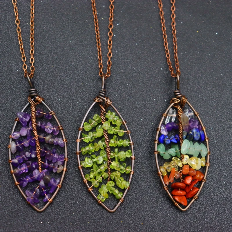 Healing 7 Chakras Tree of Life Necklaces for Women Natural Gem Stone Chip Beads Pendants Antique Silver Color Wire Wrap Jewelry