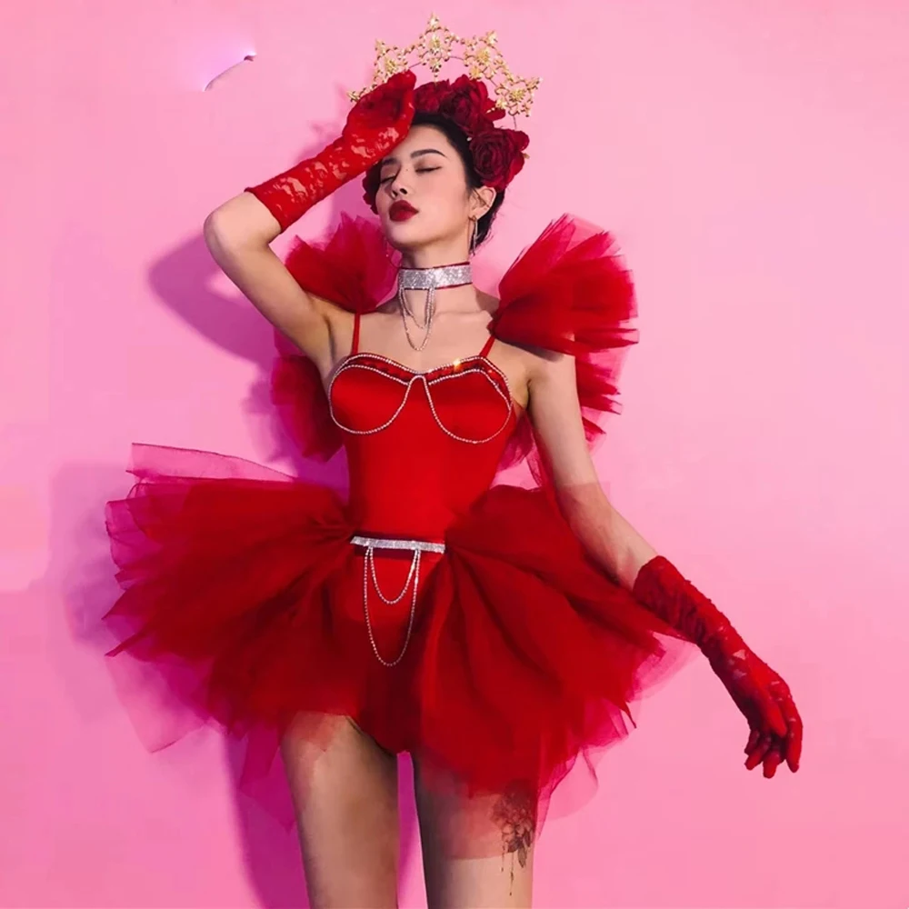 Costume de brevavec Strass Rouges pour Femme, Jupe Tutu en Maille, Tenue de ixGOGO