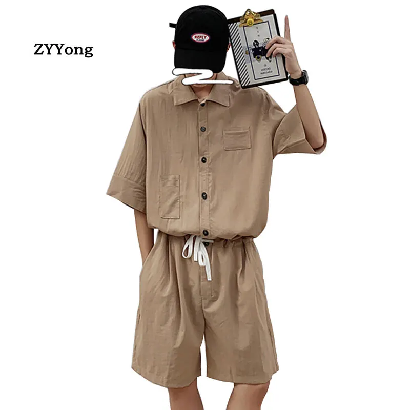 2020 Men Jumpsuit Solid Short Sleeve Cotton Thin Pants Overalls Fashion Streetwear Casual With Belt Mens Rompers