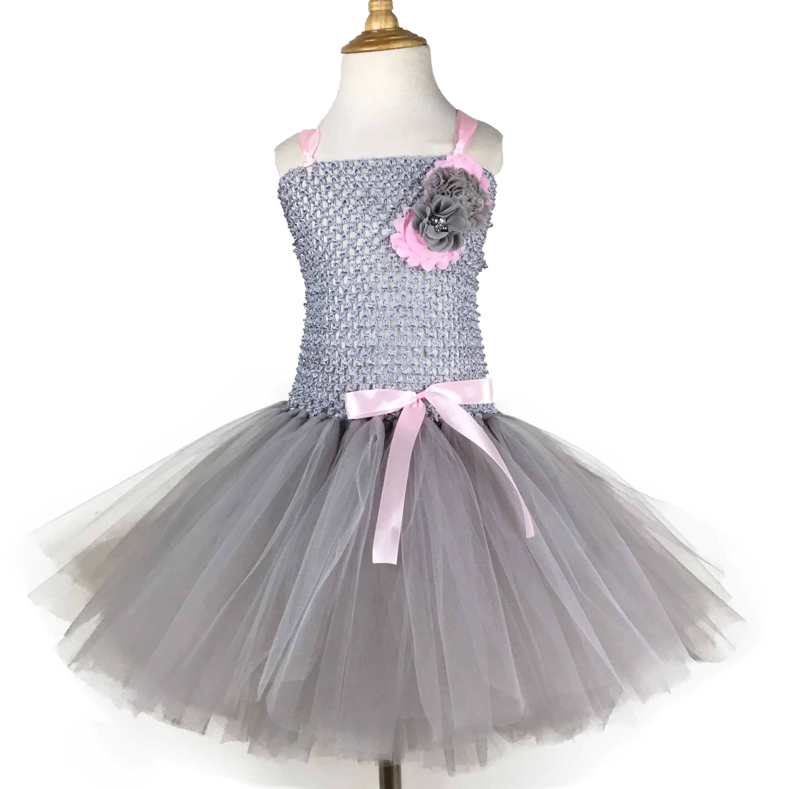 Cute Baby Pink Grey Mouse Tutu Dress Girls Crochet Tulle Dress with Flower and Hairbow Children Birthday Party Costume Dresses