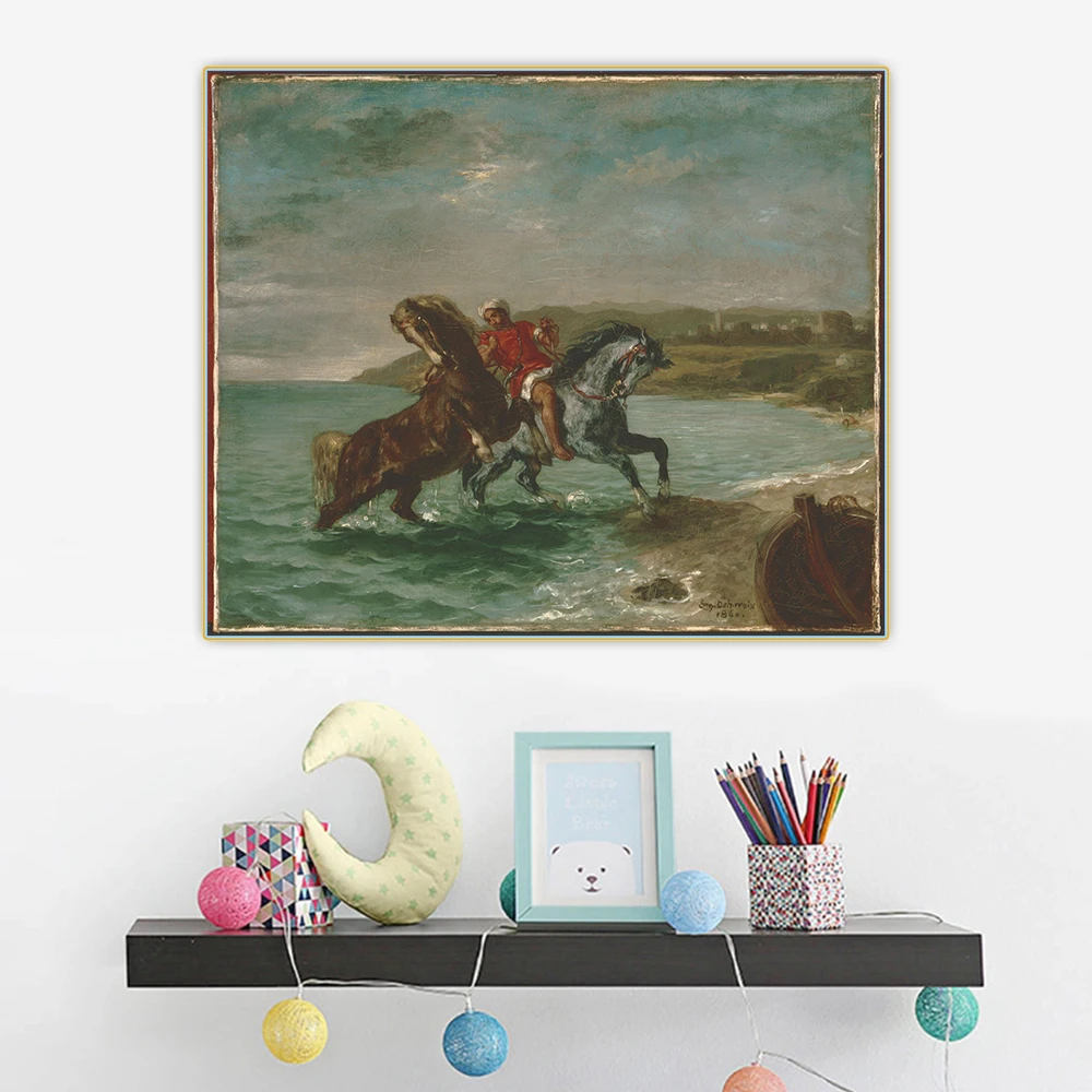 Citon Eugene Delacroix《Horses Leaving the Sea》Canvas Oil Painting Artwork Poster Picture Wall Background Decor Home Decoration