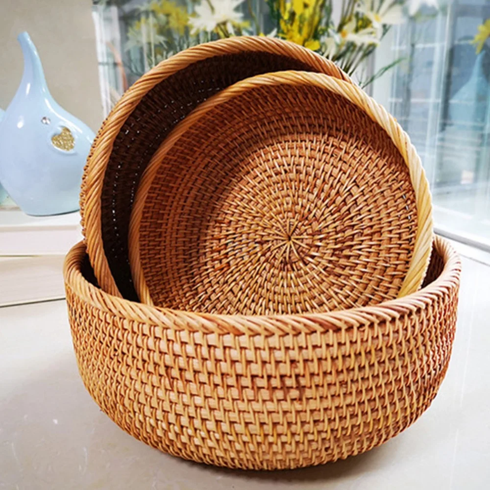 

Handmade Rattan Basket Woven Picnic Food Bread Storage Basket Multipurpose Afternoon Tea Fruit Tray Round Desktop Serving Tray