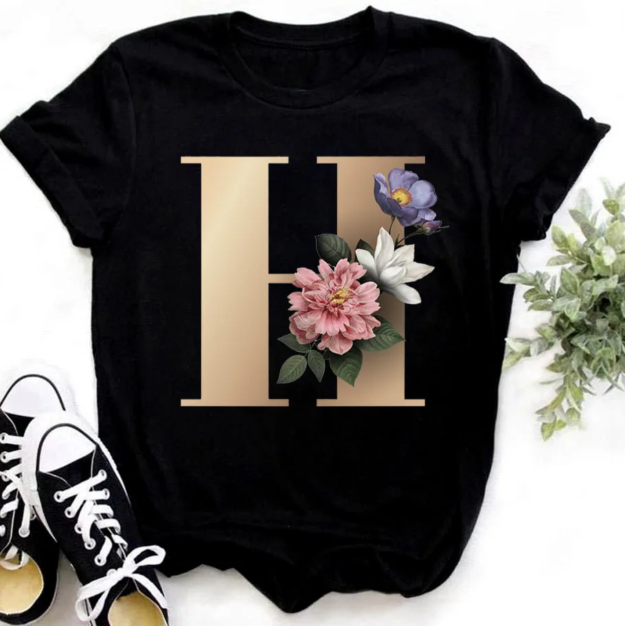 26 Letters Combination Fashion Women T-shirt Flower Letter Font A B C D E F G Short Sleeve Tops Black T-shirt Clothing