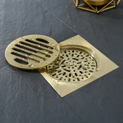Brass Shower Drain Waste Square Bathroom Floor Drain Waste Water Strainer Anti-odor Floor Waste Grates Brushed Gold 100X100