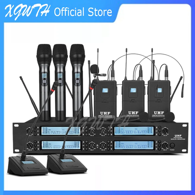 

XGWTH 8 Channel Wireless Microphone System Digital UHF Adjustable Frequency Handheld Bodypack Lavalier Headset Gooseneck Mic